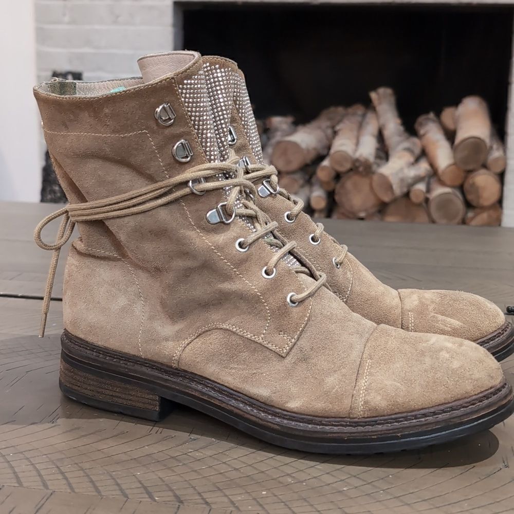 M. GEMI Suede Bling Tongue Lace-Up Moto Boots Size 41